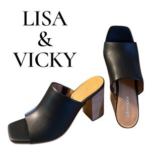 Lisa & Vicky Black Open Toe Block Heel Mules Square Toe Slip On Heels 8.5M